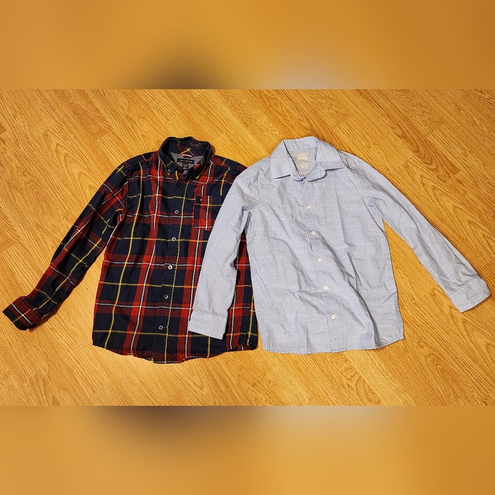 Lot 2 Boys Plaid and Solid Button-Up Shirts Size 10